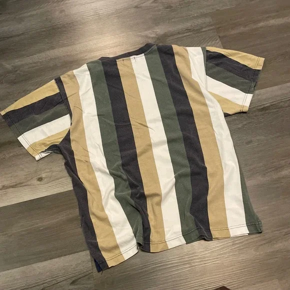 Vintage Guess Vertical Stripe Pocket T-Shirt Mens Large Green Tan Navy 90s Korea - Picture 4 of 5